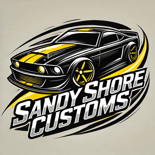 a logo for sandy shore customs with a black car