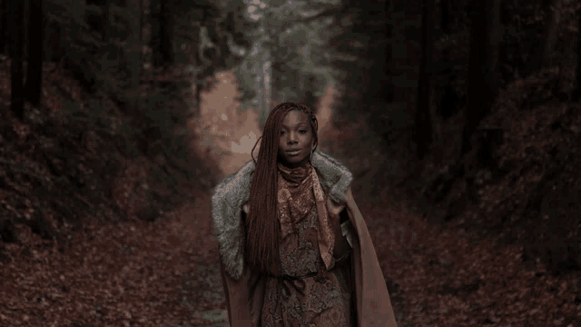 a woman in a fur coat and scarf stands in a dark forest