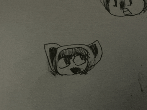 a black and white drawing of a cat with a hood on