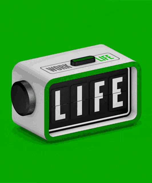 a green and white flip clock with the word work on it