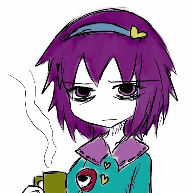 a drawing of a girl with purple hair holding a coffee mug