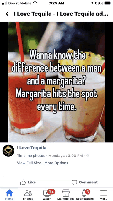 a screenshot of a facebook page that says wanna know the difference between a man and a margarita