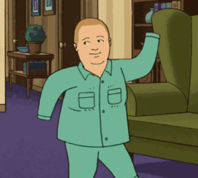 a cartoon of a man in pajamas standing in a living room next to a green chair