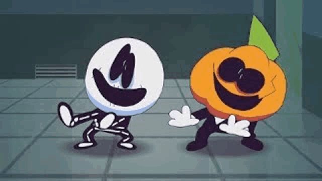 skeleton and pumpkins are dancing together in a room .