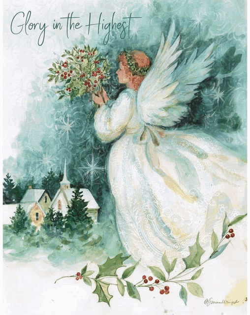 a painting of an angel with the words glory in the highest below it