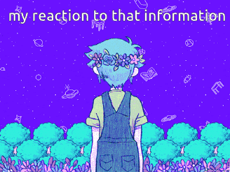 a drawing of a boy with a flower crown on his head with the words " my reaction to that information " above him