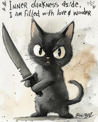 a drawing of a black cat holding a knife with the words inner darkness aside