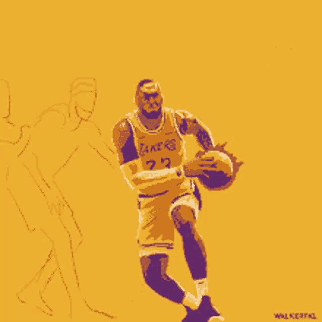 a basketball player wearing a lakers jersey is dribbling a basketball