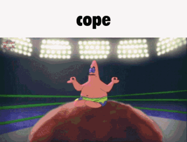patrick star from spongebob squarepants is meditating in a wrestling ring ..