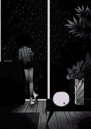 a woman is standing in front of a window looking out at the rain while smoking a cigarette .