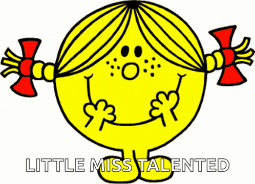 a little miss talented cartoon character with a surprised look on her face