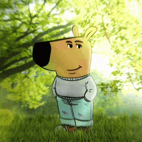 a cartoon character wearing a white sweater and blue pants is standing in the grass