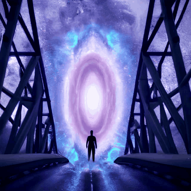 a man stands in front of a purple and blue swirl