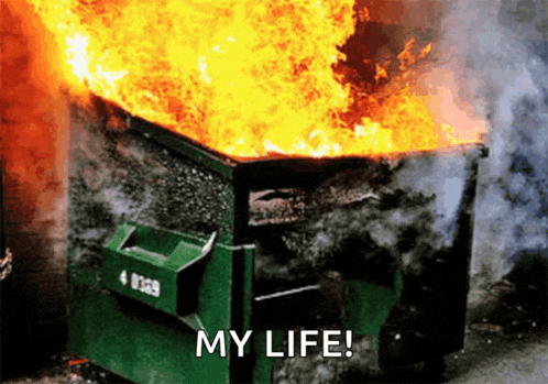 a dumpster is on fire with the words my life written below it