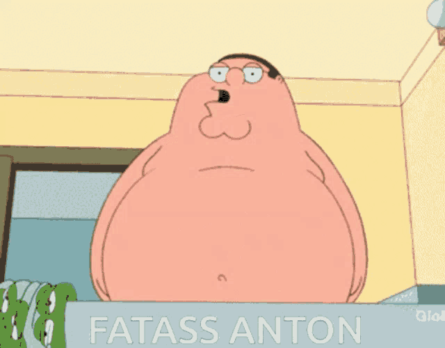 peter griffin from family guy is standing on a balcony with the words fatass anton below him