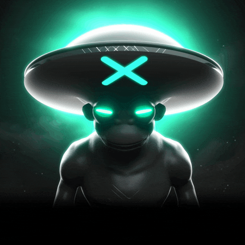 a monkey wearing a ufo hat with a blue x on it