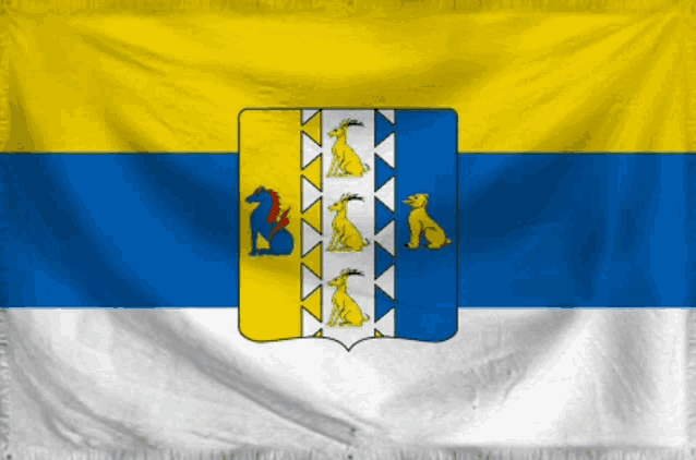 a yellow blue and white flag with a coat of arms on it