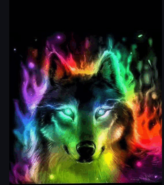 a painting of a wolf with rainbow colored flames around it