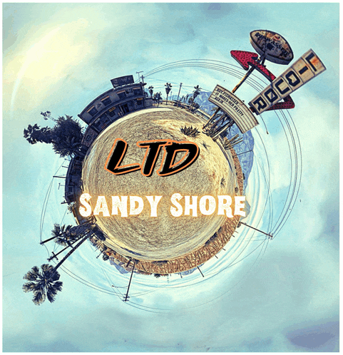 a logo for ltd sandy shore shows a small planet with buildings on it