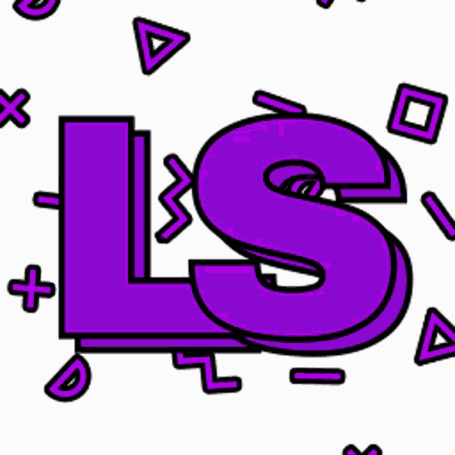 a purple letter l is surrounded by purple geometric shapes .