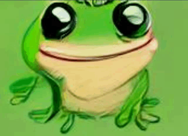 a frog with big eyes and a smile on its face is sitting on a green background .