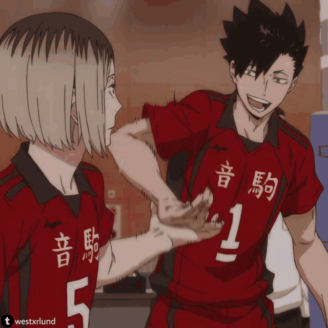 a couple of anime characters one with the number 1 on their shirt