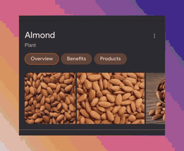 a screenshot of an almond plant with benefits and products buttons