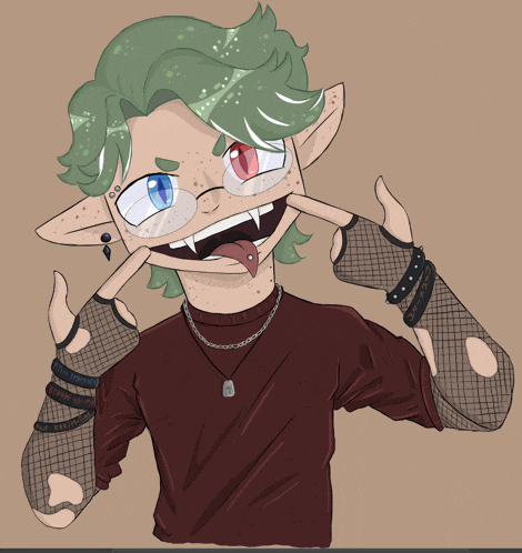 a drawing of a boy with green hair and red eyes making a funny face