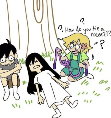 a cartoon of a girl holding a rope and a boy holding a rope .