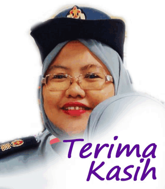 a woman wearing glasses and a hat with the words terima kasih written on the bottom