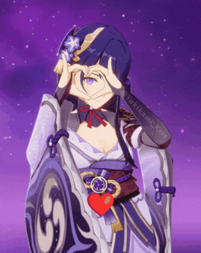 a purple and white anime character making a heart shape with her hands