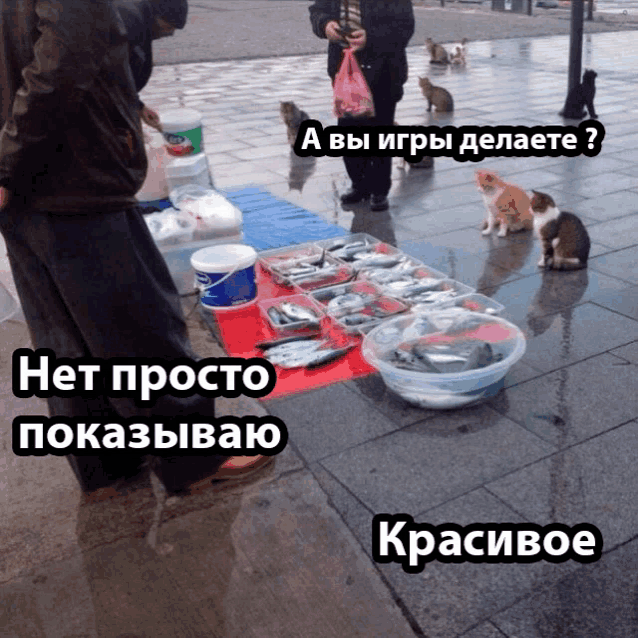 a man stands in front of a table full of fish with cats looking at him