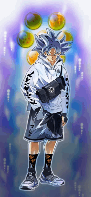 a drawing of a man wearing a hoodie and shorts with a dragon ball logo on the sleeve