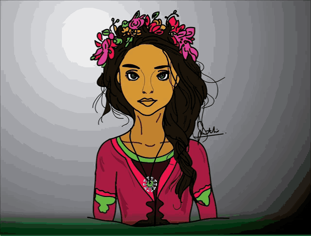 a drawing of a girl with a flower crown on her head and the name j.t.d.i. on the bottom right