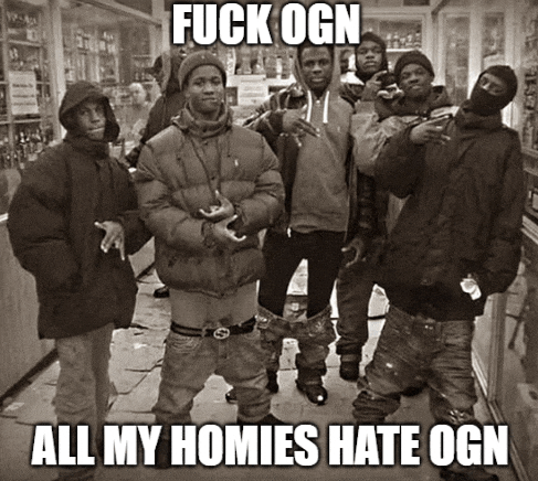 a group of young men are posing for a photo and the caption reads " fuck ogn all my homies hate ogn "