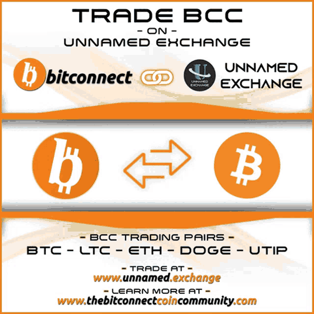 an advertisement for trade bcc on unnamed exchange shows a btc ltc eth doge and tip