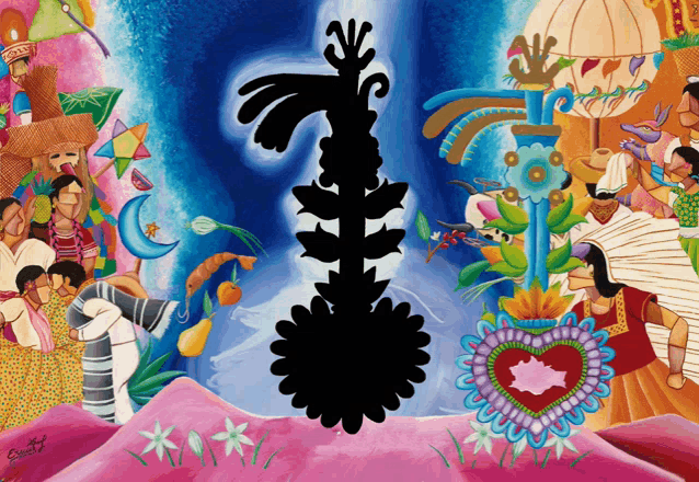 a colorful painting with a silhouette of a flower and the name enrique on the bottom right corner