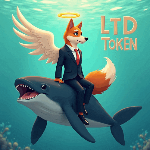 a cartoon of a fox in a suit riding a shark with the words ltd token written below it