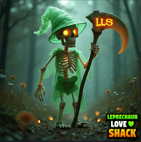 a skeleton wearing a green hat and holding a scythe with lls written on it