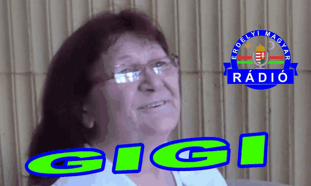 a woman wearing glasses stands in front of a logo for gigi radio