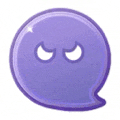 a purple speech bubble with two eyes and a smirk on it .