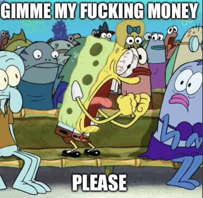 a cartoon of spongebob and squidward asking for money