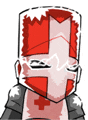 a cartoon knight with red hair and a cross on his face .