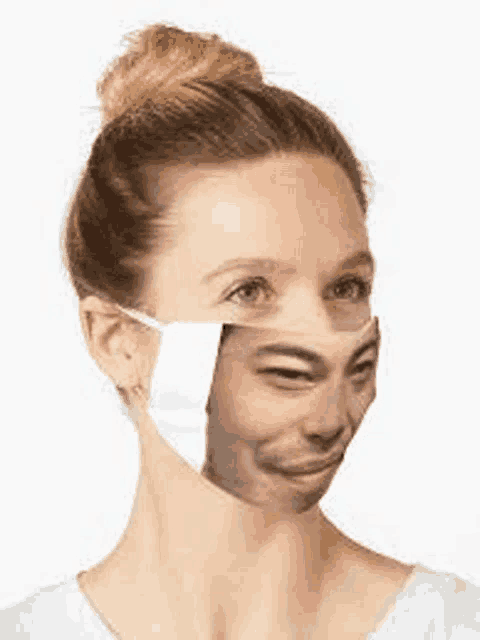 a woman wearing a face mask with a picture of a man on it .