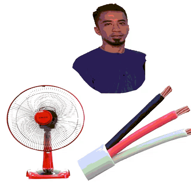 a drawing of a man next to a red fan and a bunch of wires