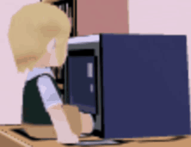 a cartoon of a boy sitting in front of a computer monitor