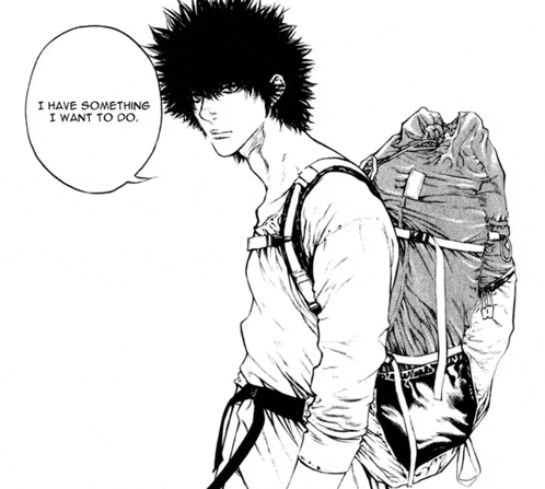 a black and white drawing of a man with a backpack and a speech bubble saying i have something i want to do