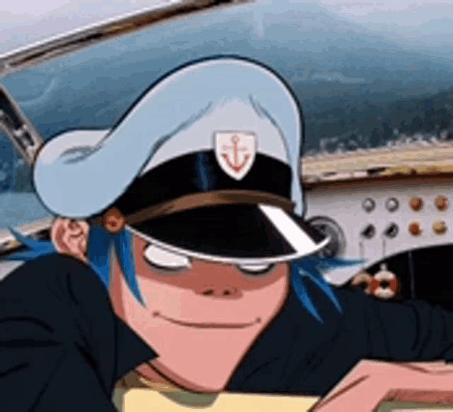 a cartoon character with blue hair wearing a captain 's hat