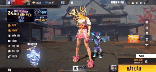 a screenshot of a game called free fire shows a girl holding a gun