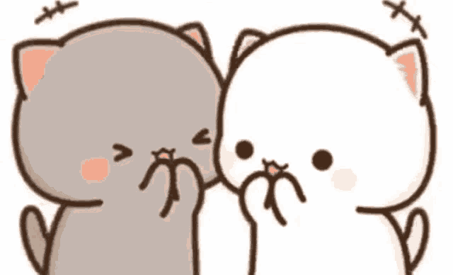 two cats are standing next to each other and kissing each other on the cheeks .